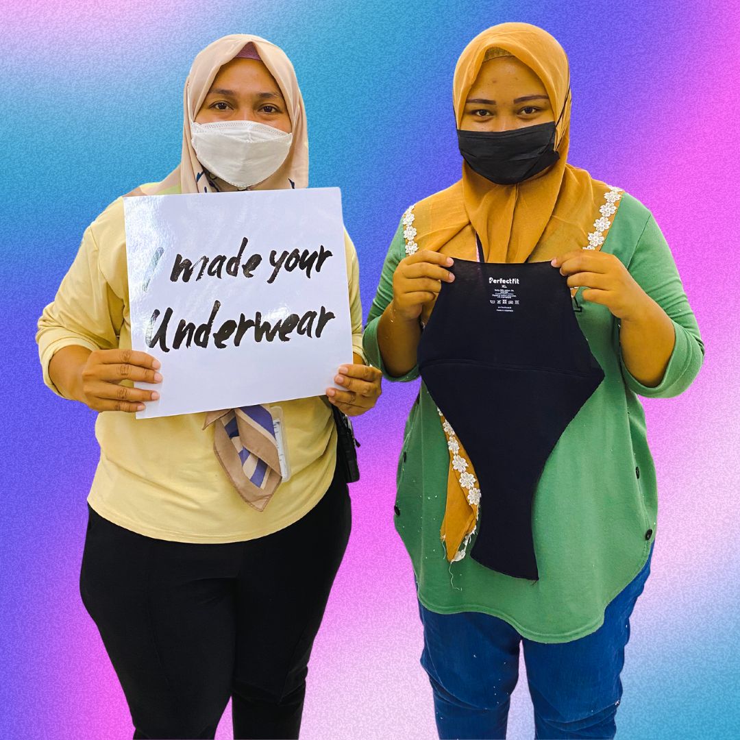 two factory worker holding a sign "I made your underwear" and a black underwear. The image has a title of the first period underwear made in Indonesia & certified toxic-free!