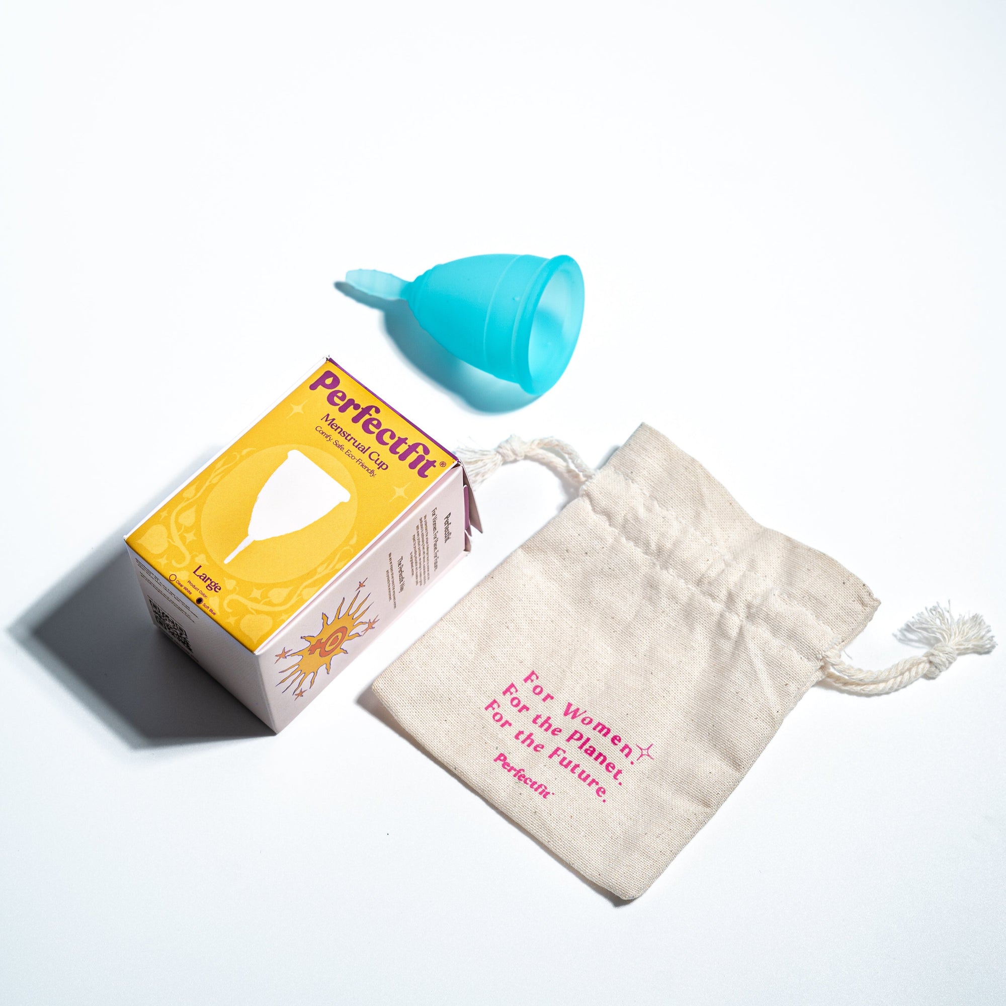 Menstrual cup soft blue with packaging and pouch