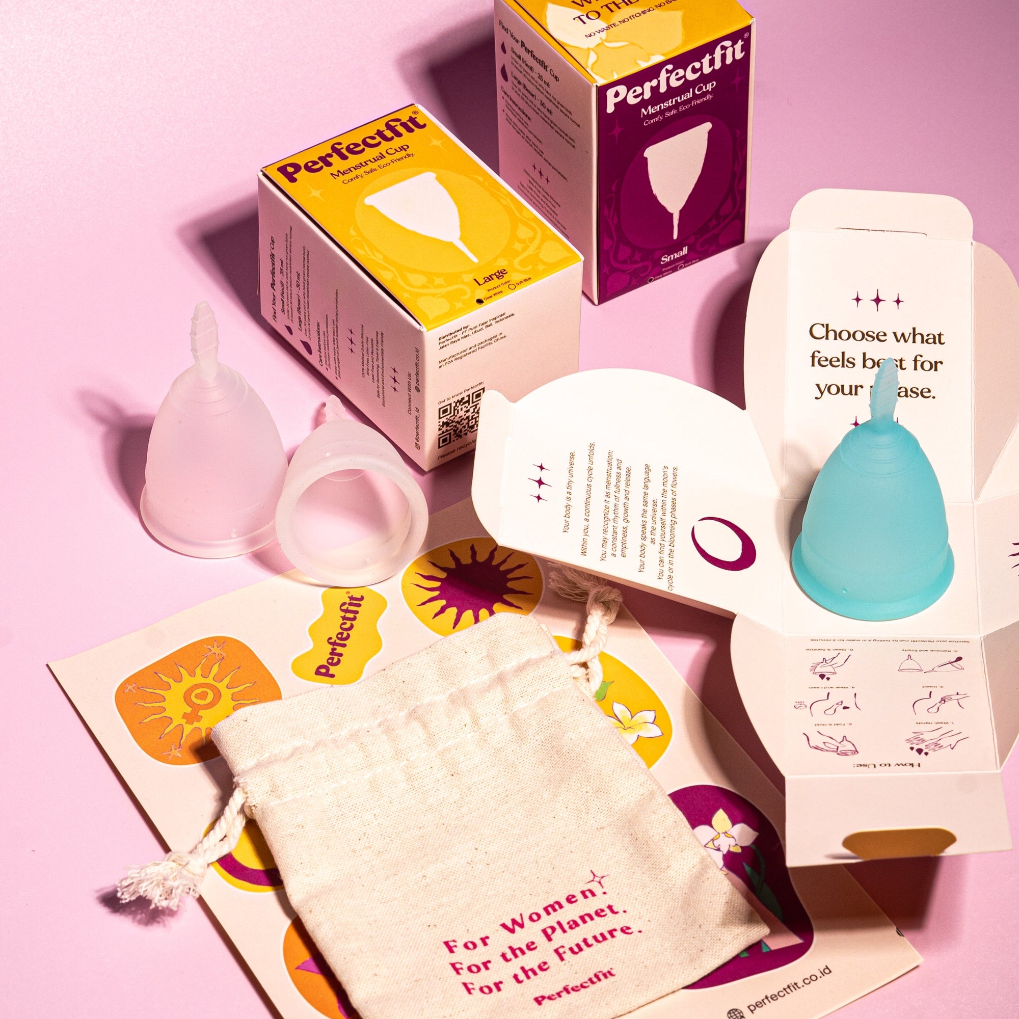 Inside the packaging you will get menstrual cup and reusable cotton pouch handcrafted in Indonesia by local women artisans wrapped in a plastic-free packaging