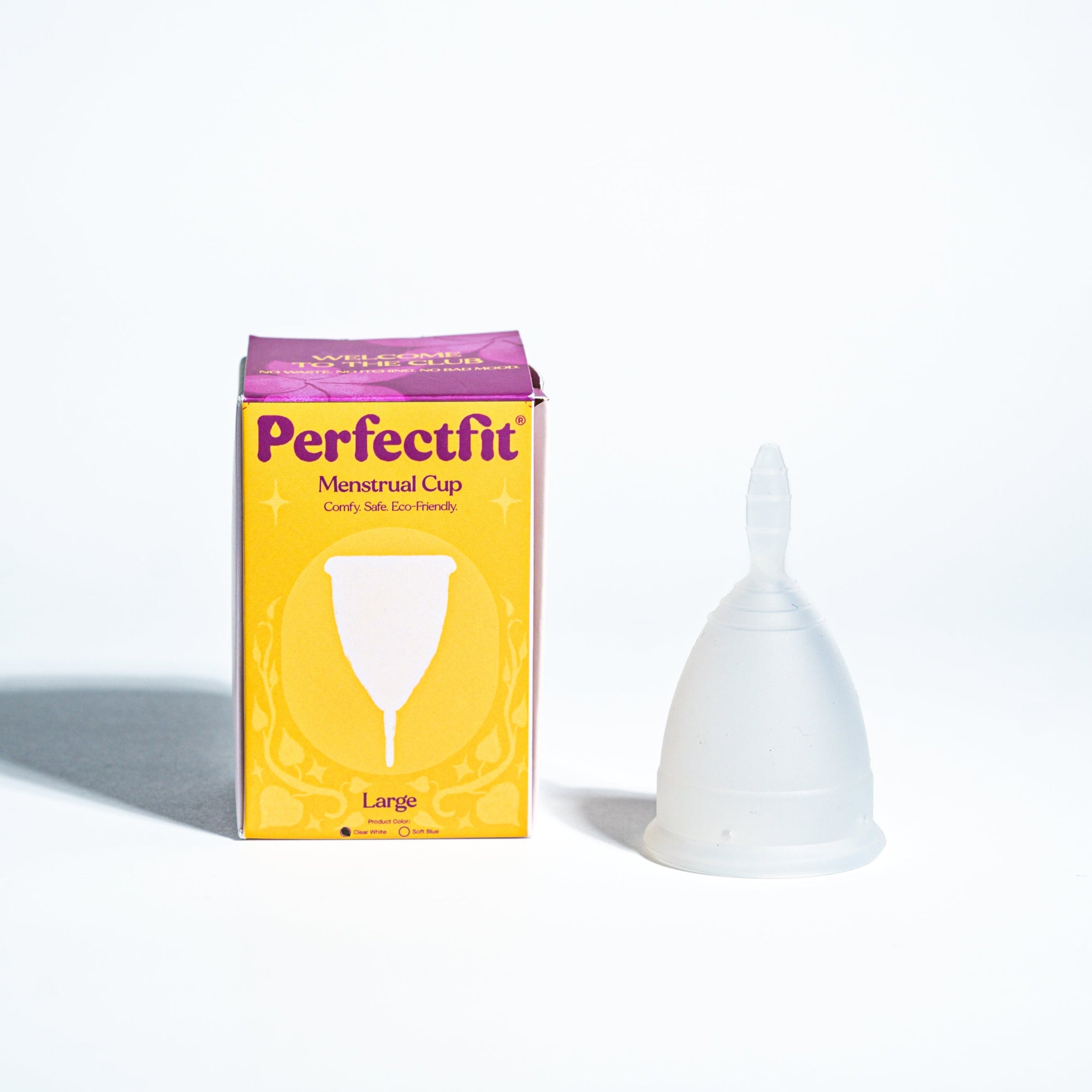 Perfectfit clear white menstrual cup and packaging
