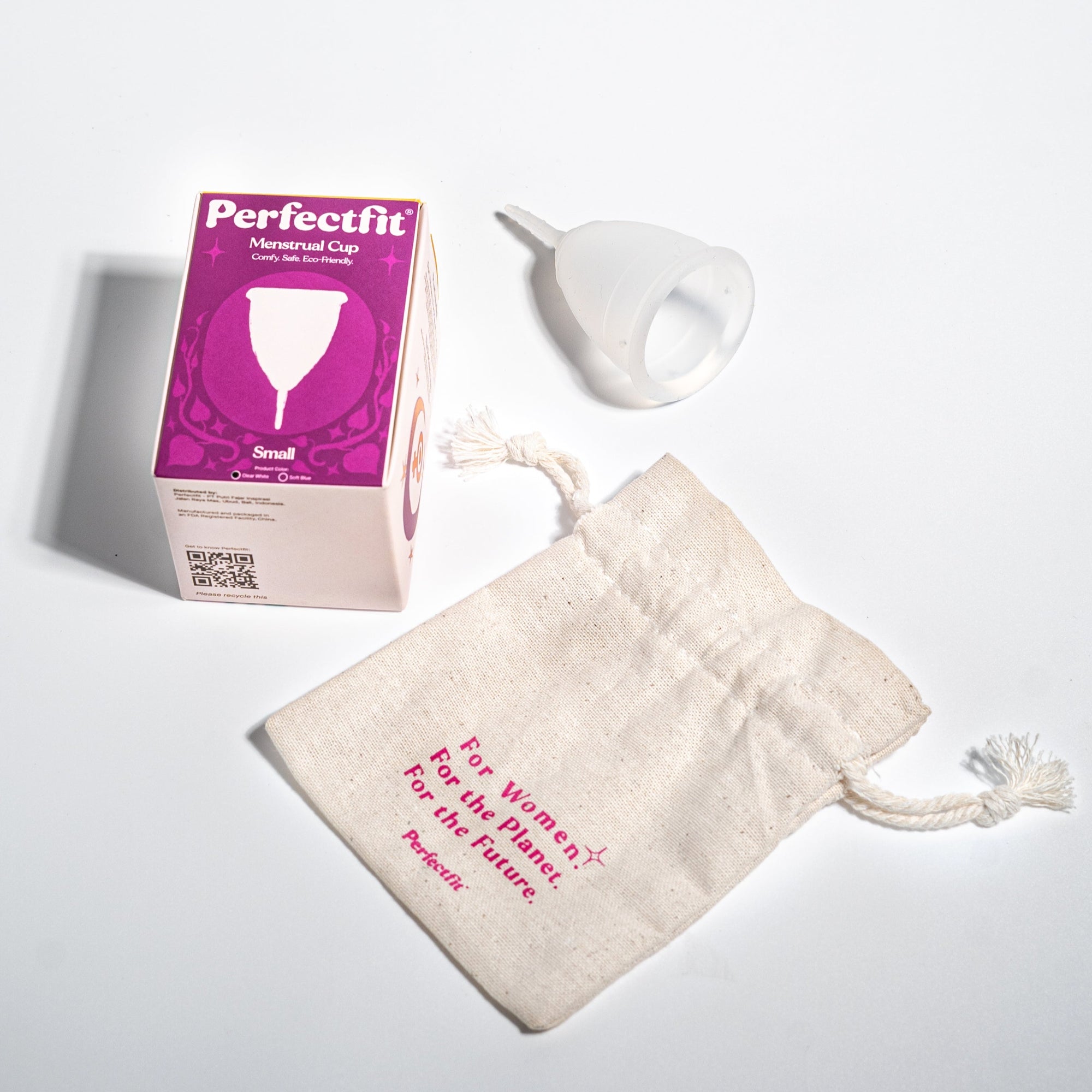 Perfectfit clear white menstrual cup and packaging and pouch